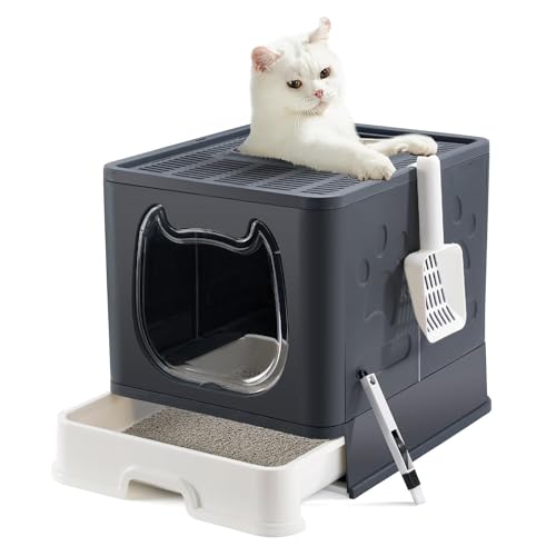 Pawsayes Katzentoilette, Faltbare Katzenklo, Katzentoilette mit Deckel, Haustiertoilette inklusive Schaufel und sauberer Bürste, Leicht zu Reinigen