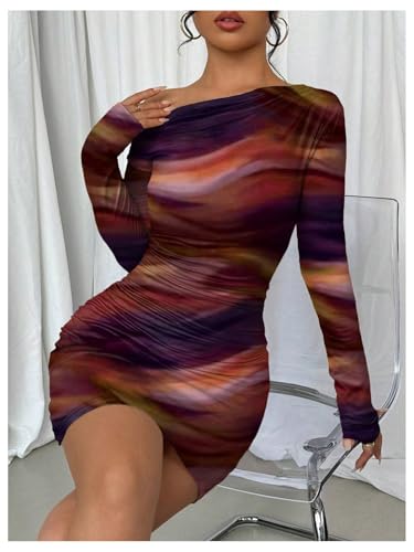 Image of RoseSeek Women's Off Shoulder Ombre Tie Dye Bodycon Dress Long Sleeve Slim Fit Pencil Mini Dresses