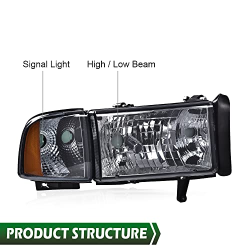 Image of GRAND ORANGE Headlights Assembly, Compatible with Dodge Ram 1500 2500 3500 1994 1995 1996 1997 1998 1999 2000 2001 2002 Black Housing Clear Corner Lamps(Smoky lens Chrome Housing Amber Reflector)