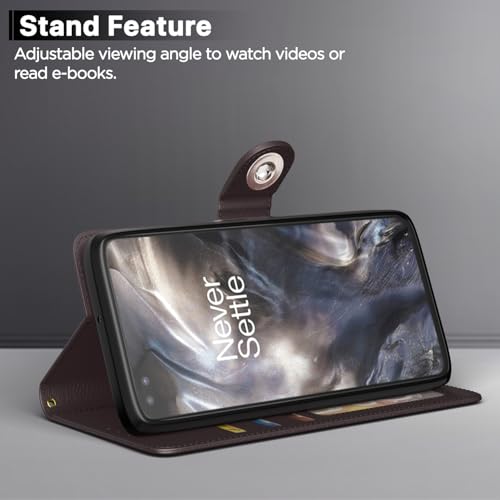Image of Pikkme Flip Cover Leather Finish | Inside TPU with Card Pockets | Wallet Stand and Shock Proof | Complete Protection Button Flip Case for Oneplus Nord (2020) (Coffee)