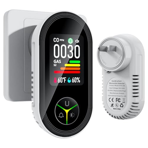 Travel Carbon Monoxide Detectors Plug in: Plug and Play C0 Monitor for Home - Portable 4-in-1 Natural Gas and Carbon Monoxide Alarm with Temperature(°F) & Humidity for RV Hotel - 1 Pack