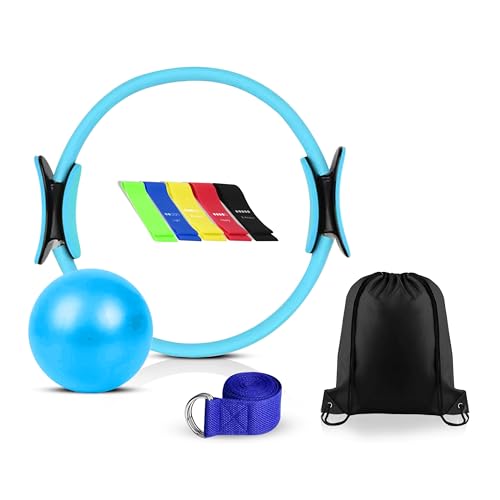 Pilates Ring Set – Magic Circle with Dual Padded Handles, Mini Exercise Ball & 5 Resistance Bands | Pilates Kit for Women | Home Workout Equipment for Full-Body Training & Fitness Set (Blue)