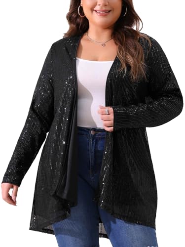 Agnes Orinda Plus Size Sequin Cardigans for Sparkly Long Sleeve Open Front Outerwear Coat Shimmer Glitter Jacket