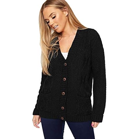 Red Olives New Women's Ladies Long Sleeve Button Top Chunky Aran Cable Knitted Grandad Cardigan (Black, M/L) Cover