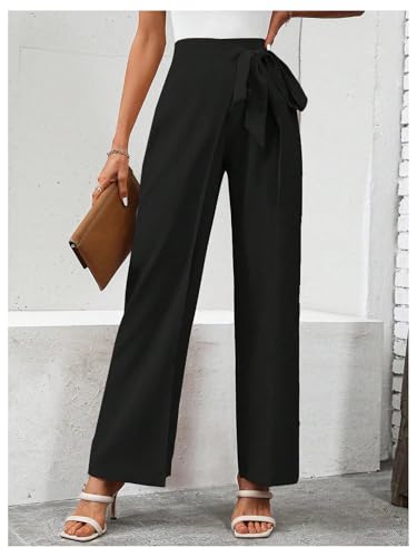 MakeMeChic Women's High Waist Trousers Straight Leg Bow Knot Work Office Suit Pants3