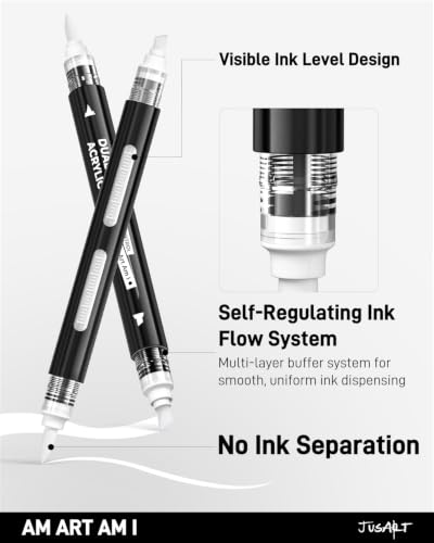 Image of JusArt 3 White Dual-Tip Acrylic Paint Markers, Automatic Ink Control | White Paint Pen for Wood, Glass, Fabric, Rock Painting, Coloring Books, DIY Crafts for Adults, Classroom & School Supplies