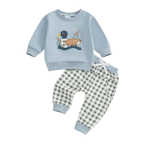 Image of Scloutarry Toddler Boy Hunting Clothes Long Sleeve Duck Embroidery Crewneck Sweatshirt Pants Set Infant Fall Outfit