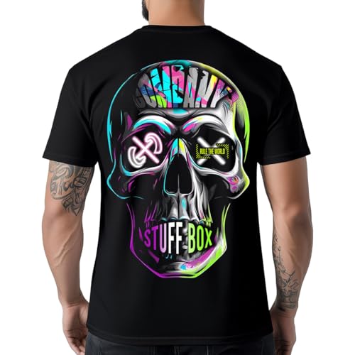 Stuff-Box Skull Shade STB-1297 | T-shirt homme noir coloré tête de mort imprimé dos | Urban Streetwear | S à 5XL, Noir , L