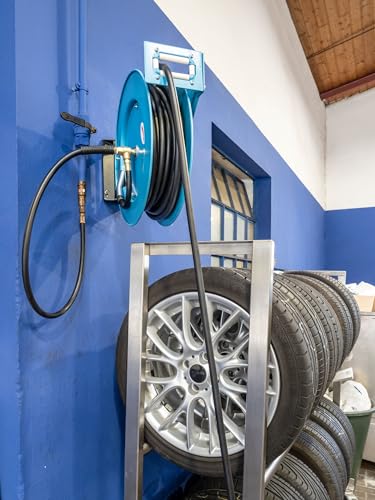 HAZET Open Hose Reel 9040OS-10, 20 Meters/65.62 Feet, 0.39 Inches/10mm, Max. 290 psi, Steel Construction, Automatic Return, Swivel Base, Incl. Mounting Options, Connection Length 6.56 Feet