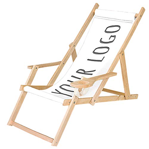 Ferocity Houten ligstoel, inklapbaar, klapstoel met armleuning en bekerhouder, strandstoel, motief bedrukt, wit jouw logo/tekst [119]