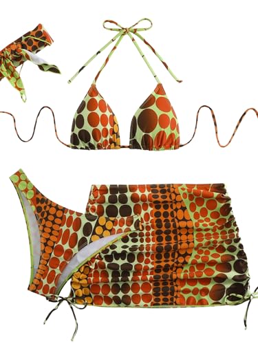 SEGT Women's 4 Piece Polka Dots Bikini Sets Halter Triangle Swimsuits with Mesh Cover Up Skirt and Scarf Green Snake S