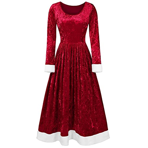 Womens Fashion Merry Christmas Velvet Long Sleeve O-Neck Red Festival Dress