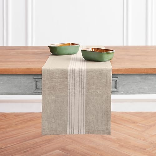 Solino Home Chemin de table 100% lin 14 x 90 po rayé blanc et naturel