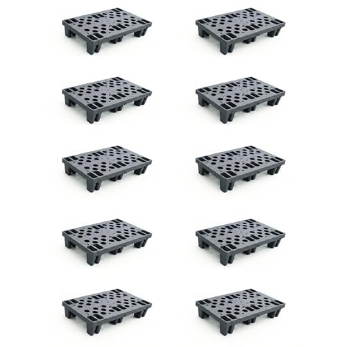 Heavy Duty Plastic Pallets, Grey Interlocking Storage Platforms with Breathable Grid Design, 11.8 x 19.7 x 3.9 Inches, 10 Pack, Indoor Outdoor Use for Basement Storage, Storage Shed, Warehouse