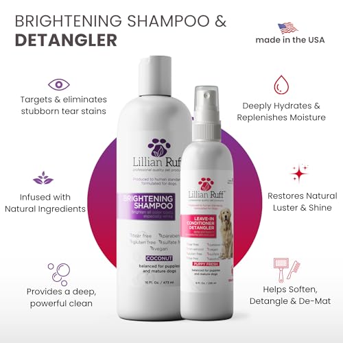 Image of Lillian Ruff PRO Formula Ultra Brightening Dog Shampoo & Leave-in Conditioner Detangler Set - Professional Whitening, Stain Removal, Dematting, Detangling & Odor Control with Aloe & Provitamin B5