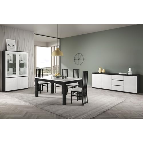 AltoBuy DEYTON - Ensemble Séjour Complet Laqué Noir et Blanc Table 160cm + Buffet + Vitrine avec LEDs