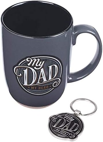 Christian Art Gifts Grey Ceramic Coffee Mug Gift Set for Fathers | My Dad My Hero - Proverbs 14:26 | Inspirational Coffee Cup & Keychain Set for Men, 15 oz