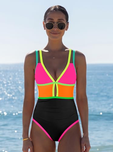 Image of popvil Women One Piece Swimsuit 2026 Tummy Control Sexy Cutout Neon Color Block Bathing Suit Slimming Adjustable Swimwear