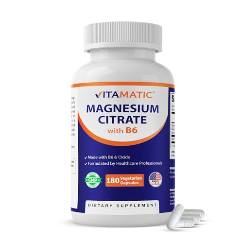 Vitamatic Magnesium Citrate 500mg per Serving - 180 Vegetarian Capsules (Provides 150 mg of Elemental Magnesium) - Added B6 for Maximum Absorption - Supports Muscle Joint and Heart Health*