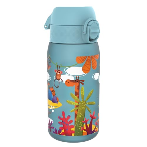 ion8 Botella de Agua para Niños, 350ml, a Prueba de Fugas, Fácil de Abrir, Cerradura Segura, Apta para Lavavajillas, Sin BPA, Asa de Transporte, Fácil de Limpiar, Neutro en Carbono, Safari