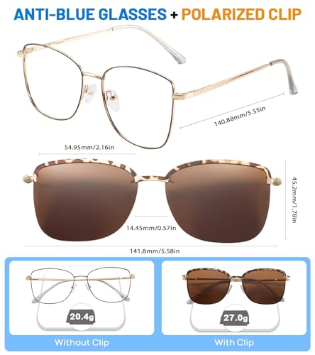 Image of Women's Large Blue Light Blocking Glasses plus Magnetic Sunglasses Clip, Easy to Switch to Shades for Driving