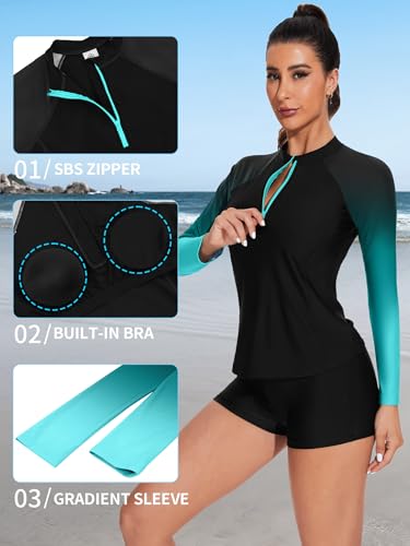 ATTRACO Women's Two Piece Rash Guard UPF 50+ Long Sleeve Bathing Suit Built-in Bra Zipper Front Swim Shirts4