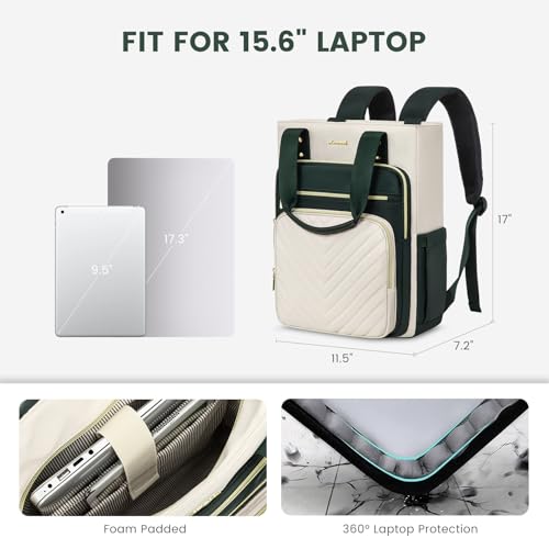 LOVEVOOK Laptop Backpack for Women, 15.6 Inch Work Business Travel Backpack, Fation Teacher Doctor Nurse Backpack Purse, Waterproof Cute Backpack,DarkGreen-Beige2