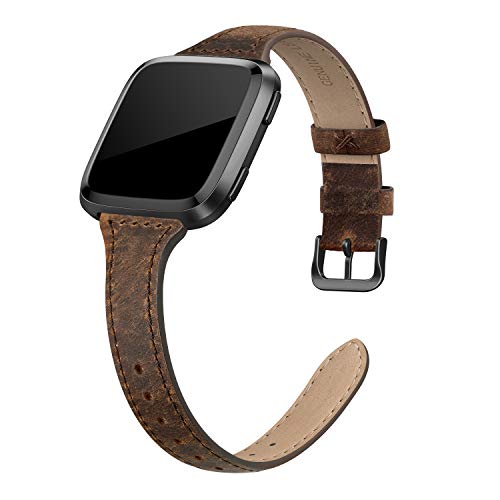 SWEES Leather Bands Compatible with Fitbit Versa 2 / Fitbit Versa Lite & SE/Fitbit Versa, Slim Thin Genuine Leather Replacement Strap for Versa Women (5.5