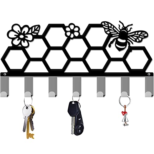 INFUNLY Key Holder for Wall Hive and Bees Pattern Wall Mounted Hooks Decorative Black Metal Organizer Rack with 7 Hooks for Bag Clothes Key Hanging Wall Decoration Bee with Honeycomb Art Wall Decor