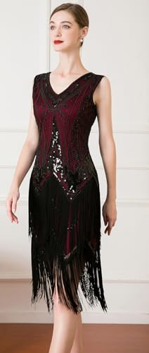 Image of Women Flapper Dresses 1920s V Neck Beaded Fringed Great Gatsby Club & Night Out Dresses