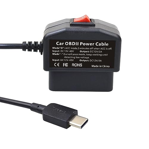 Universal OBD to USB-C Type-C 12V Output Power Cable Compatable for Ring Car Cam Dash Camera 24 Hours Surveillance/Acc Mode with Switch Button 12-35V to 12V 3A