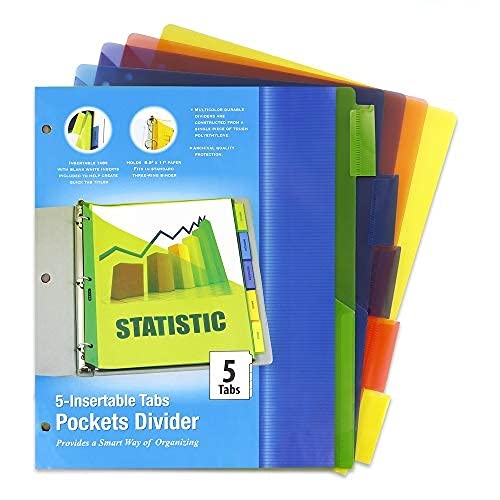 3 Ring Binder Pockets Dividers with 5 Insertable Color Tabs with Blank White Inserts Included to Help Create Quick Tab Titles for School, College, Office Accessories (Pack of 4) - by Emraw