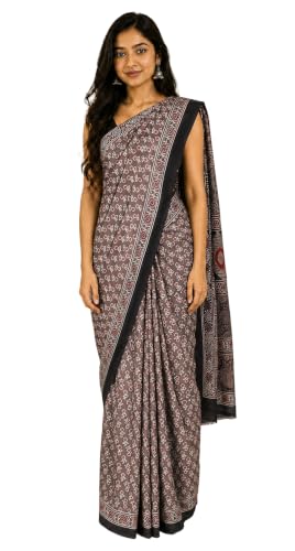 Image of Ethnics of Kutch Womenss Ajrakh Modal Silk Natural Dye Hand Block Print Saree with Blouse Piece - 5.5 Mtr Length