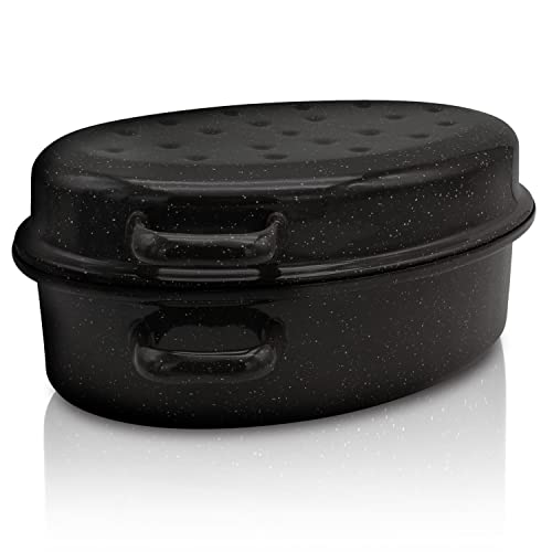 Krüger Emaille-Gansbräter mit Tropfdeckel - hochwertiger Bräter - für alle Herdarten geeignet - hervorragend für Braten und Geflügel (Emaille - schw.-weiß gesprenkelt...