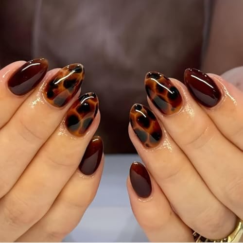Short Oval Press on Nails Tortoise Shell Fake Nails with Design Brown Nails Press ons Cute Leopard Print False Nails Acrylic Artificial Full Cover Nail Tips Short Glue Stick on Nail for Women