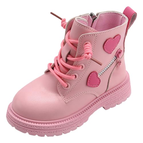 rismart Girl's Ankle Boots with Side Zipper Hearts Pattern Lace up Outdoor Combat Boots