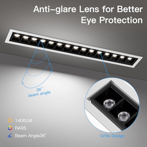 Image of 20W Recessed Linear LED Lighting, 3000K 1200LM Spotlightwith Beam Angle Adjustable, Downlight Indoor with TRIAC /ELV /0-10V Dimable ETL Driver in Junction Box (Ra95 /36 /White Trim Black Body)