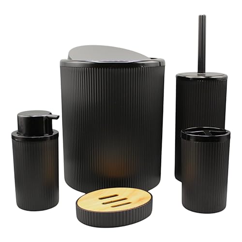 Badezimmer Zubehör Set 5-teilig – Schwarze Riffeloptik: Seifenspender, Zahnbürstenhalter, Seifenschale, WC-Bürste & Kosmetikeimer – Dursed