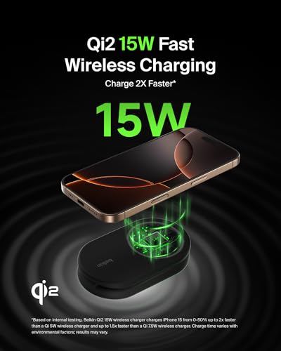 Image of Belkin MagSafe Qi2 Wireless Charger | 2-in-1 Magnetic Foldable 15W | Fast Charger for iPhone 16, 15, 14, 13, 12 | Charging Station with Non-Slip Base | PSU Included | Black