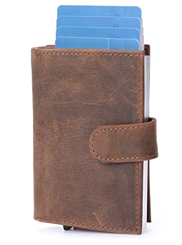 Leoodo Kartenetui mit Münzfach, Herren kleine Geldbörse aus echtem Leder RFID Schutz, Slim Portemonnaie bis 12 Karten, LKH Farbe:Braun Cover