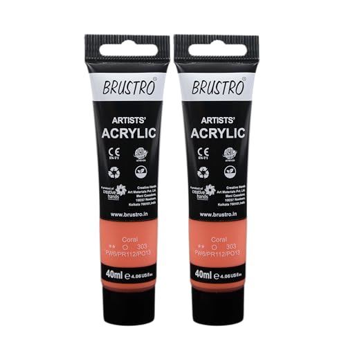 Image of BRUSTRO Artists Acrylic Paint Tube | 40ml, Coral (Pack of 2) | Pastel Tone|Non-Toxic,Water Based,Inter Mixable,Ideal for Painting,Textured Effects on Canvas,Paper,Fine Art Student and Professionals