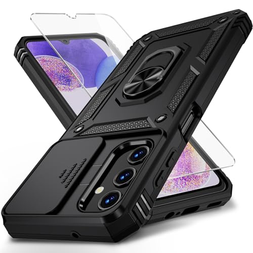 Vinve for Samsung Galaxy A13 5G Case, Slide Camera Cover，HD Screen Protector，Military Grade Magnetic Ring Holder Shockproof Kickstand Protective Case, Black
