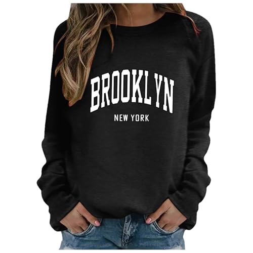 Image of Women Casual Brooklyn New York Letter Graphic Sweatshirt Crewneck Drop Shoulder Fleece Pullover Shirt Tops 2025 Black