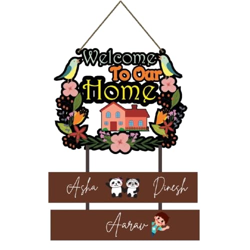 Image of Webelkart Premium Wooden Welcome To Our Home Customised Wall Hanging Name Plate For Home Entrance outdoor, Wooden Hanging House Name Plate - (16 x 10 inches)