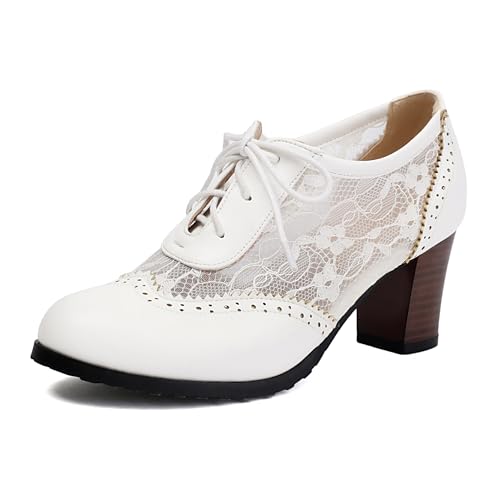 BEAUPAS Women's Vintage Oxford Pumps Lace Stacked Block Heel Wingtip Brogue