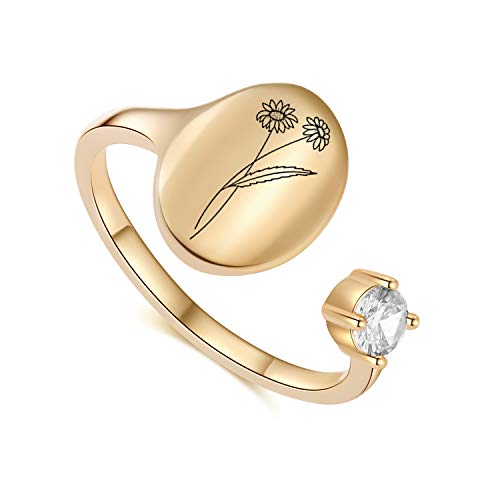 Sloong Handmade Birth Month Flower Signet Ring 14K Gold Plated Ring Birth Stone Ring Birthday Gift for Mom Daughter Girlfriend Wife (April-Sweetpea)