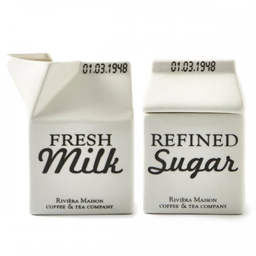 Riviera Maison Carton - Milchgießer, Milchkännchen, Sahnegießer, Zuckerdose - Porzellan - 2er Set