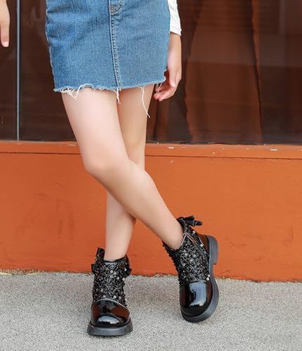 DADAWEN Girls Toddler Bow Ankle Boots Glitter Sequin Side Zipper Low Chunky Heel Fall Winter Dress Booties Shoes3