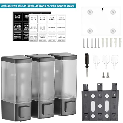 Image of Shower Shampoo Dispenser 3 Chamber No Drill, Grey | Wall Mounted, Large Capacity 3x16.9oz, ABS Plastic Material, Refillable With Labels, For Bathroom Hotel