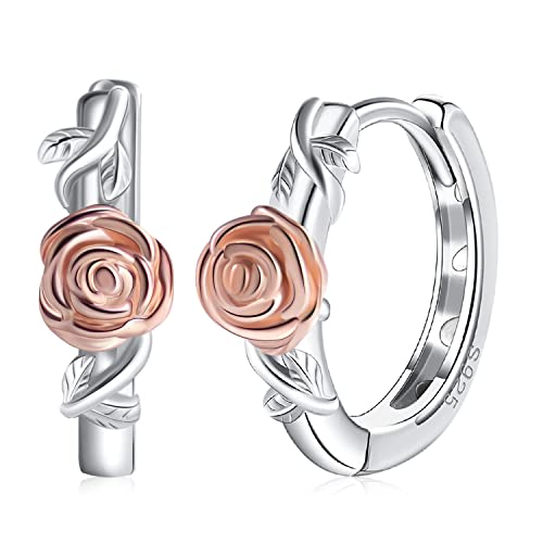 Rose Hoop Earrings For Women Girls 925 Sterling Silver June Birth Flower Huggie Hoop Earrings Hypoallergenic Earrings For Senstive Ears Jewelry Gifts For Girlfriend Daughter #TOP17